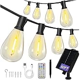 DAYBETTER 50FT Solar String Lights Outdoor Waterproof with Remote & USB Port Dimmable & Timmer,Solar Patio Lights 15+1 LED Shatterproof Bulbs 8 Light Modes,String Lights for Outside Camping Backyard