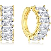 YIFSIY Gemstone Huggie Hoop Earrings, 925 Sterling Silver Baguette Hoop Earring Birthstone Jewelry Gift for Women