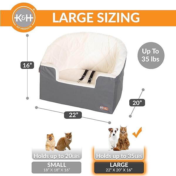 K&H PET PRODUCTS BUCKET BOOSTER DOG CAR SEAT, SEAT BELT SECURED, 2 SAFETY LEASHES, WASHABLE COVERS, STURDY DOG & CAT BOOSTER SEAT, CARRIERS FOR SMALL TO MEDIUM PETS – LARGE GRAY/CREAM