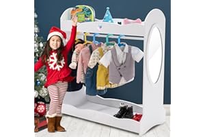 JOYLDIAS Kids Dress Up Storage with Mirror, Kid Armoire W/Side Hook Pockets, Pretend Storage Closet for Kids, Costume Dress-up Wardrobe W/Top Shelf Shoes Storage for Bedroom Girls Room, White