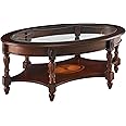 MODERION Traditional Solid Wood Coffee Table with Tempered Glass Top,Oval Cocktail Table with Storage Shelf for Living Room,Office Walnut