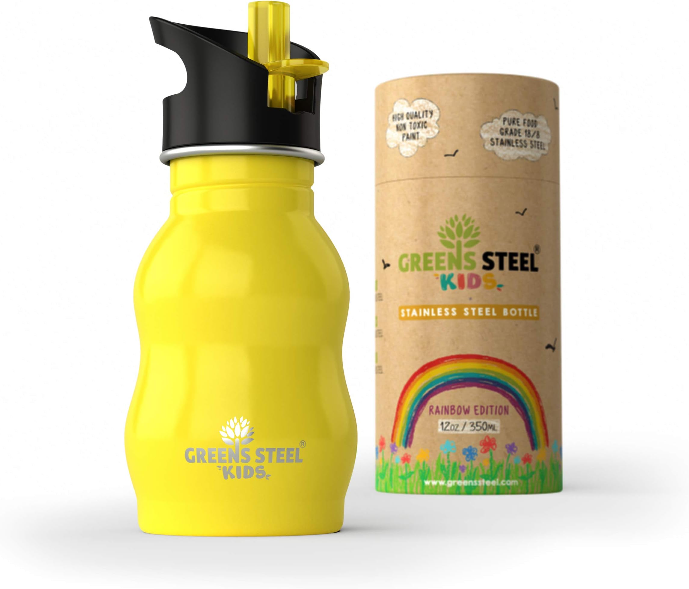 [Upgraded] Kids Water Bottle Stainless Steel - 350ml Leak Proof Sports Cap with Straw - Toddler Child Friendly