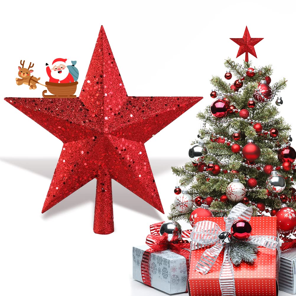 Christmas Tree Topper Star, AOBETAK Glitter Xmas Trees Top Decoration, Plastic Light Weight Hallow Party Trees Stars Home Christmas Ornament 20cm/7.8in (Red)