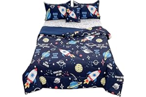 Megamayga Kids Space Comforter Set Outer Space Bedding Twin Size for Teens Boys Girls 6 Piece Bed in A Bag Space Rocket Plane