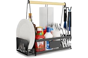 GUIBUKEYAN Grill Caddy with Plate Holder and Paper Towel Holder, Picnic BBQ Condiment Utensil Organizer Caddy for Outdoor Cooking, Camping Essential, Camper Must Haves, Grilling Gifts for Men