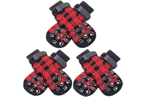 SCENEREAL Dog Socks Double Side Anti-Slip with Straps Traction Control 3 Pairs Set - Plaid Paw Protector for Floor Indoor, Non-Skid Design for Small Medium Dogs Cats Puppy