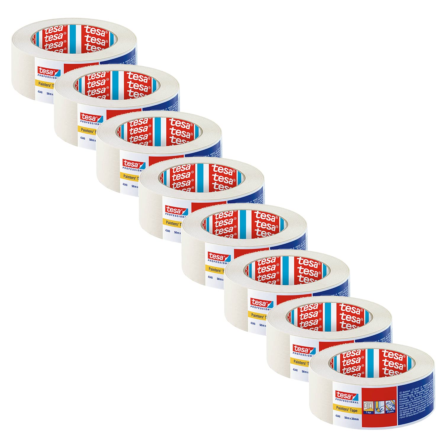 tesa krepp 4348 Standard - Pack of 8 - Painter's Masking Tape for Easy Painting Indoor Work - Painter's Tape for Masking and Covering - Light Beige - Each 50 m x 38 mm
