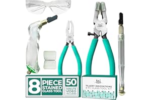 TILLERY INNOVATIONS Professional Eight PC Stained Glass Tool Kit with Instructional Video, Oil Fillable Pistol and Pencil Grip Cutter, 1” Running Pliers, Breaking and Grozer Pliers