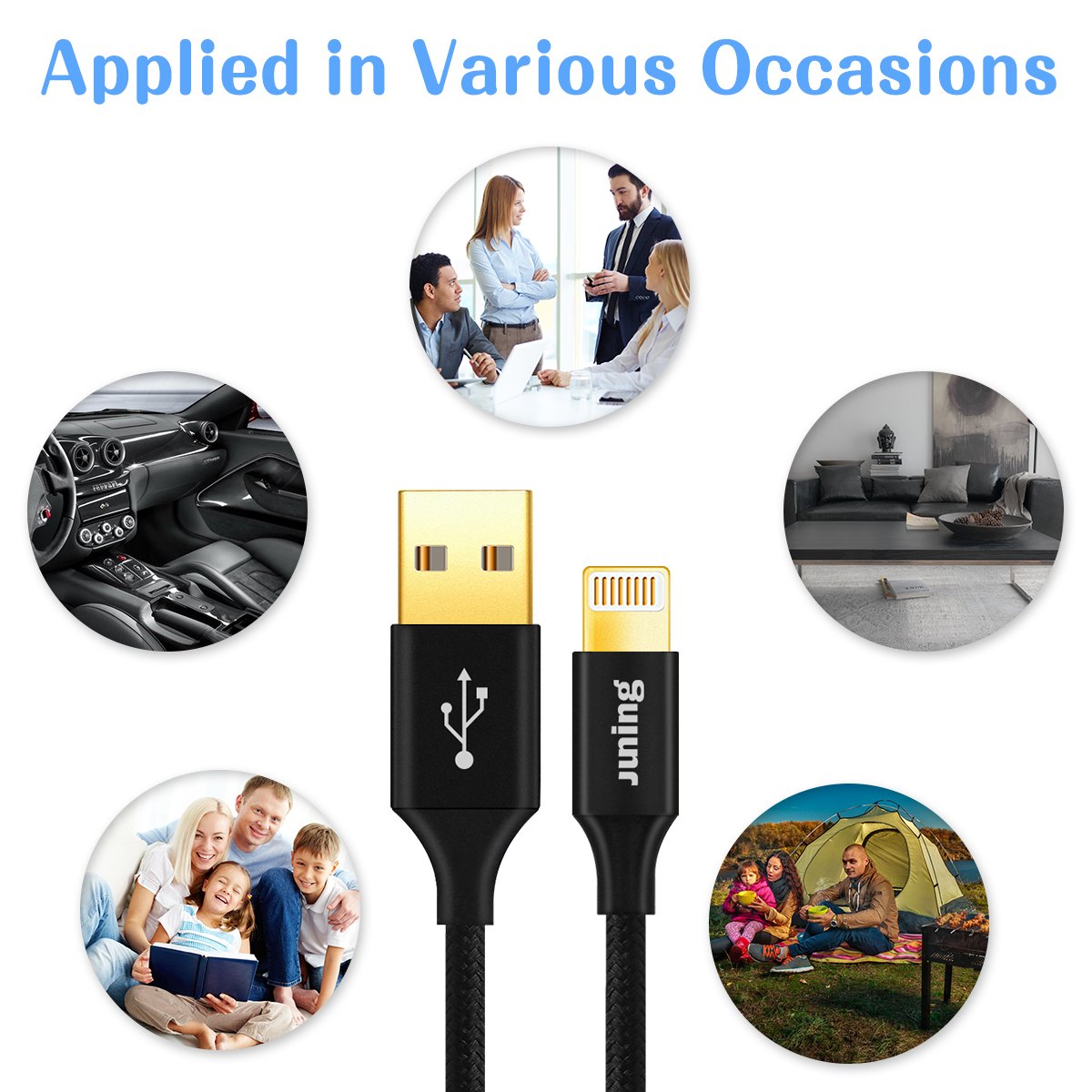 JUNING Lightning Cable Nylon Braided iPhone Charger Cord 5Pack 2x1FT/1x3.3FT/2x6FT Fast Charging, Lightning Connector to Data Syncing, Compatible with iPhone X/8/8P/7/7P/6P/6s/6s+/5/5s/SE, iPad(Black)