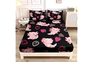 UEVBF Cute Axolotl Bed Set Twin Size,Pink Axolotl Strawberry Printed Fitted Sheet Sets Aesthetic Bedding for Kids Girls,Beach Coastal Animal Themed Fitted Sheet Sets,1 Fitted Sheet+2 Pillowcases.