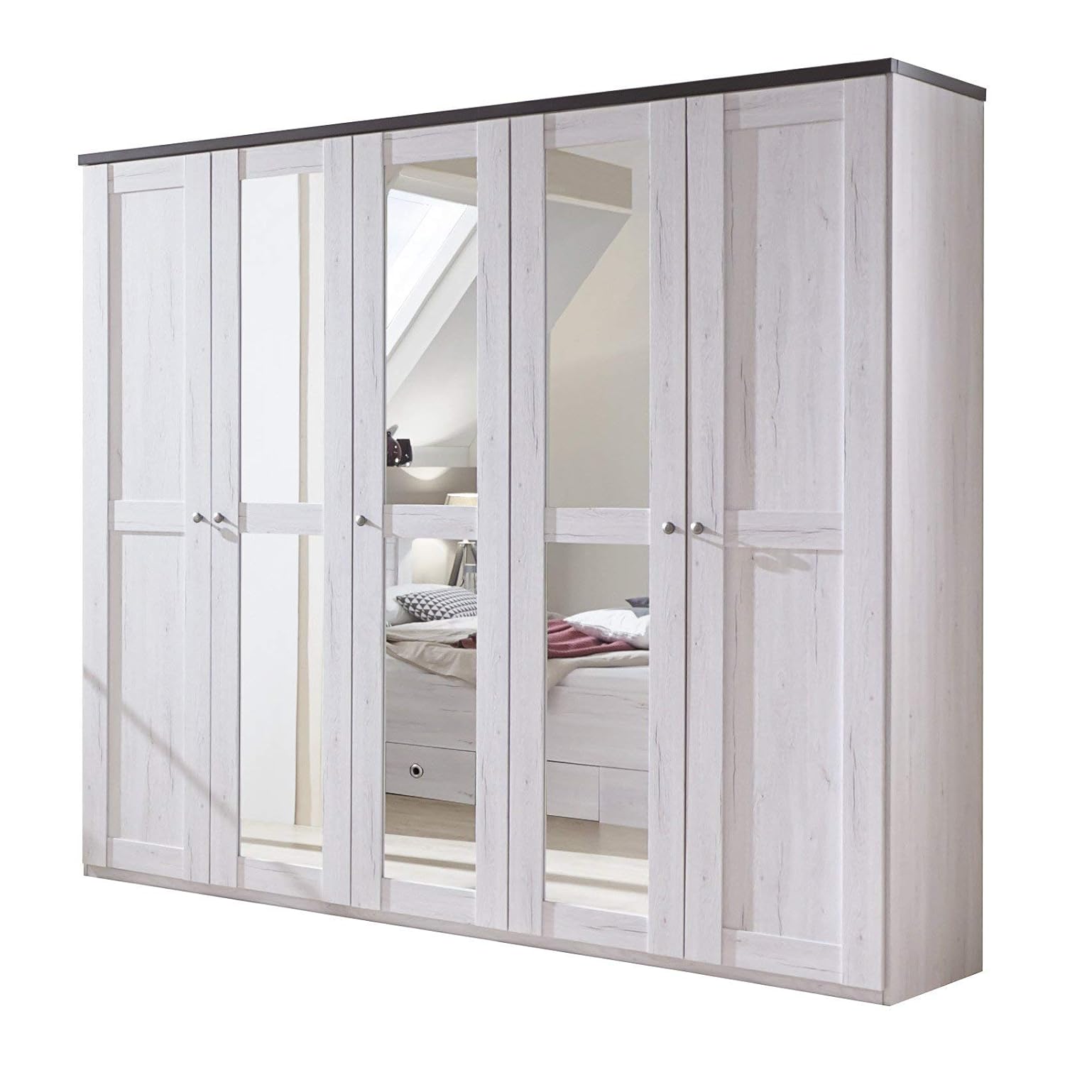 German Chateau Driftwood White Oak 5 Door 3 Mirror 225cm Wardrobe