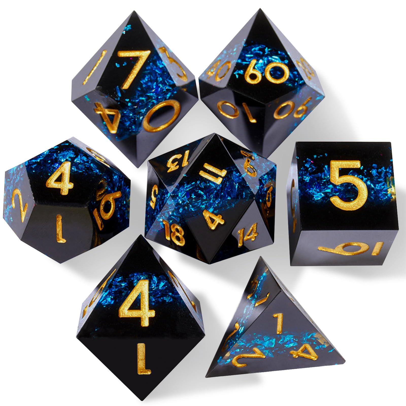 ORUZA 7 PCS Polyhedral DND Dice Resin Sharp Edge D&D Dice Set for Dungeons and Dragons RPG MTG Table Role Playing Games Die D20 D12 D10 D8 D6 D4 D%