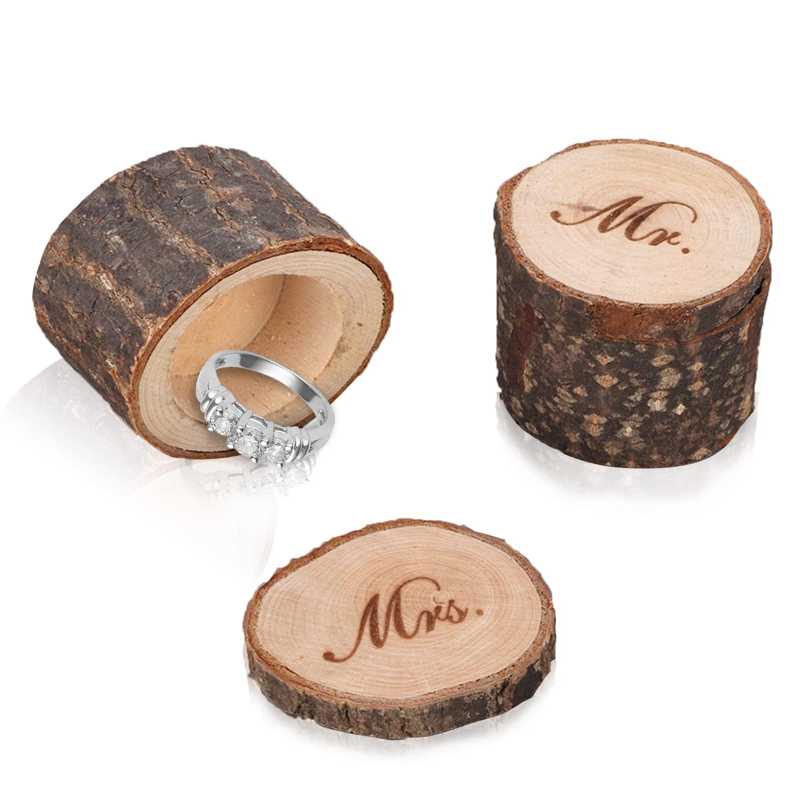 HERCHR Wooden Wedding Ring Box,Wood Proposal Ring Box Mr and Mrs Jewelry Ring Box for Engagement Wooden Vintage Ring Holder Jewelry Storage Box Wood Storage Ceremony Gift Display,2.4×2inch