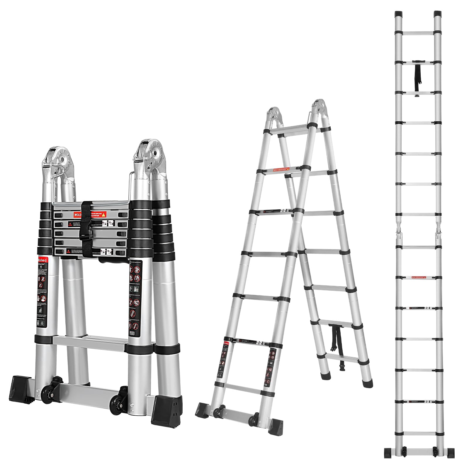 Photo 1 of Wolec 14.5FT A Frame Telescoping Ladder, Extension Multi-Purpose w/Balance Bar & Wheels, Ladder A Frame, Heavy Duty 330 lbs Max Capacity, Ideal for Home and Outdoor Work, Silver