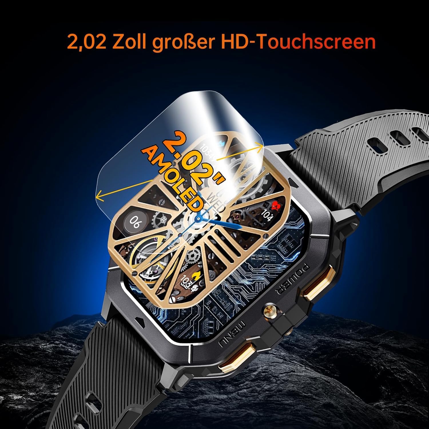 OUKITEL Smartwatch Men's 2.02 Inch Military Fitness Watch with Bluetooth Calls, Rugged Smart Watch Waterproof 410 mAh Sleep 100+ Sports Mode Pedometer for Android iOS