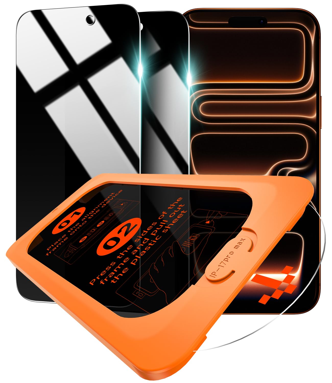 Photo 1 of OMOTON Privacy Screen Protector for iPhone 17 Pro Max [Auto-Align Installation], Tempered Glass with 9H+ Hardness & 12FT Military Grade Shatterproof, 100% Anti-Spy, Full Coverage Protection, 2 Pack