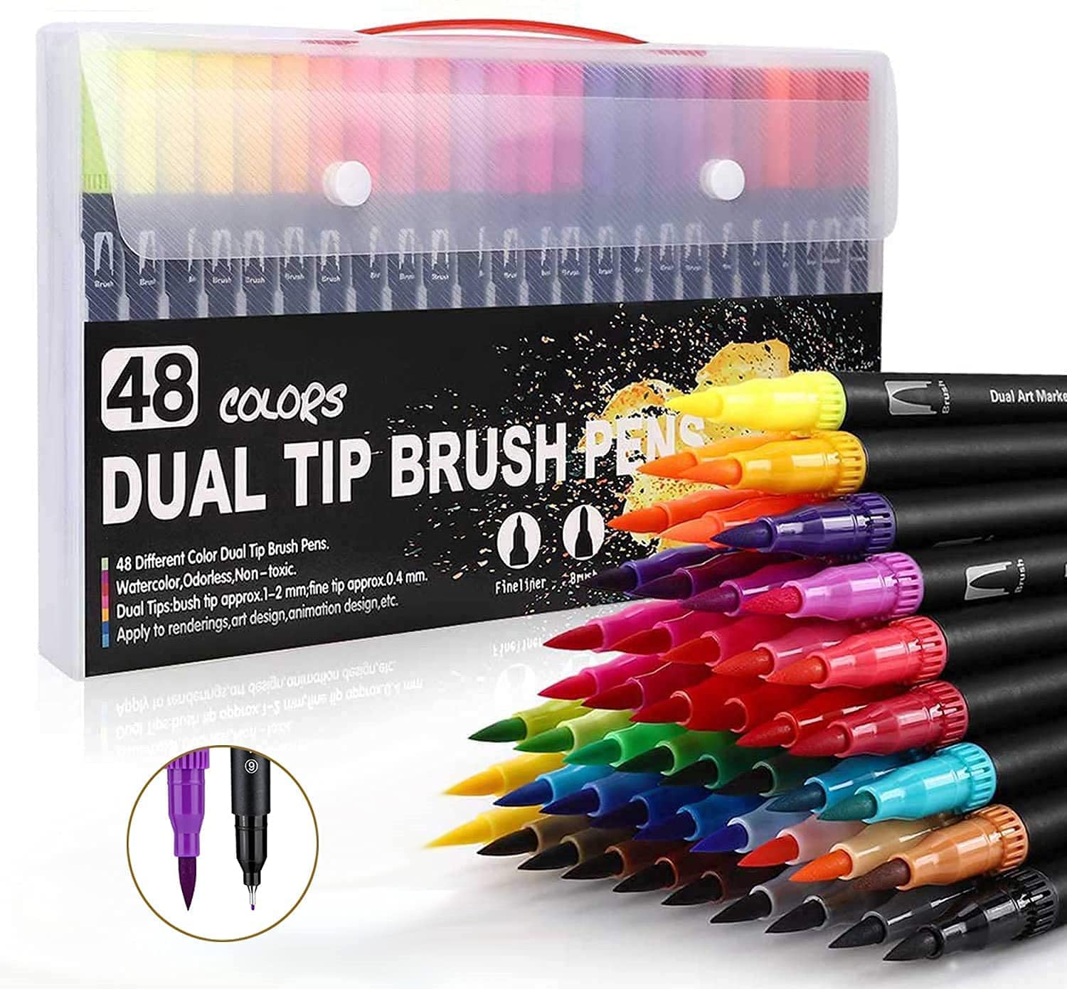 Colouring pens set,48 Colors Brush/Fine Dual Felt Tip Pens,Washable Colouring pens for Kids,Children,Adult,School Art Supplies Perfect for Colouring Books, Sketching,Calligraphy,Card Drawing