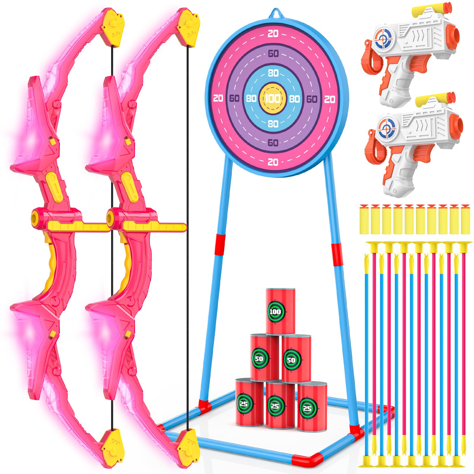 Photo 1 of 2 Pack Kids Bow and Arrow Set, Pink Light Up Archery Toy Set, 2 Foam Dart Blaster & 6 Target Cans Toys for Ages 5-7, Kids Indoor Outdoor Birthday Gifts Ideas for Boys Girls 4 5 6 7 8 9 10 Year Old