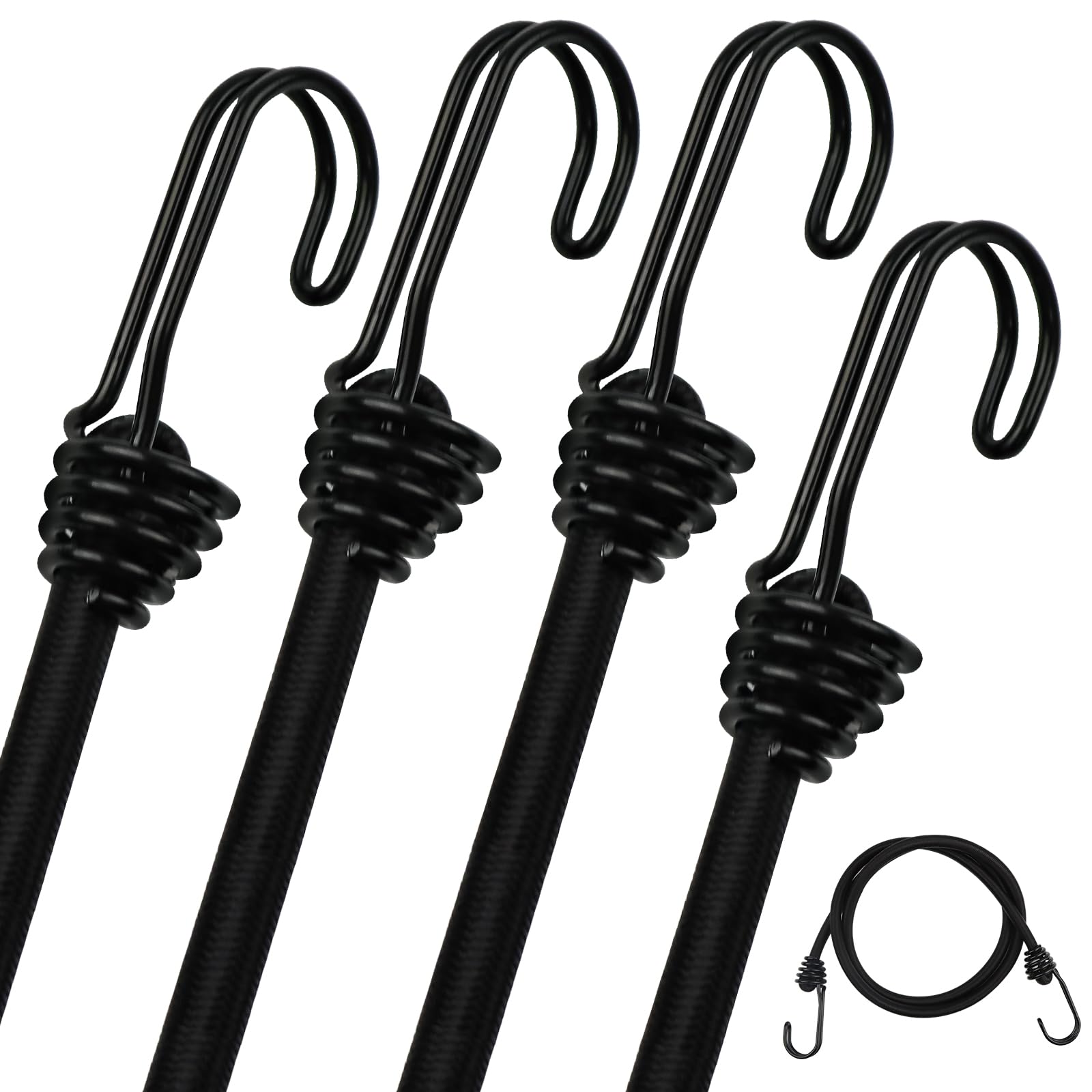 DRERIO 4 Pcs Bungee Cord with Hook 1m Heavy Duty Bungee Straps, Luggage Tie Downs Black Elastic Rope with Metal Hooks, Long Sizes Bundy Cord for Motorcycle Car Caravan Trunks Locking Load Securing