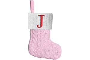 Pxniy Mini Pink Knit Stocking,8.5 Inches Initial Monogram Embroidered Christmas Stocking,Family Fireplace Hanging Ornament Xmas Holiday Decor Gift-Letter J