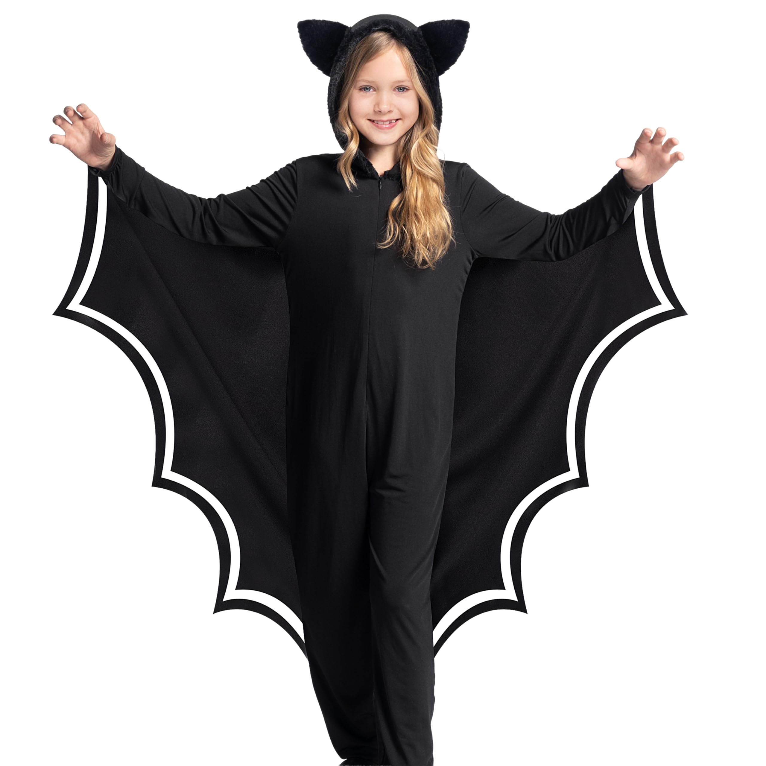 Spooktacular Creations Kid Bat Costume, Wings Costume, Black Jumpsuit for Boy, Glow in the Dark, Girls Halloween Dress Up-L