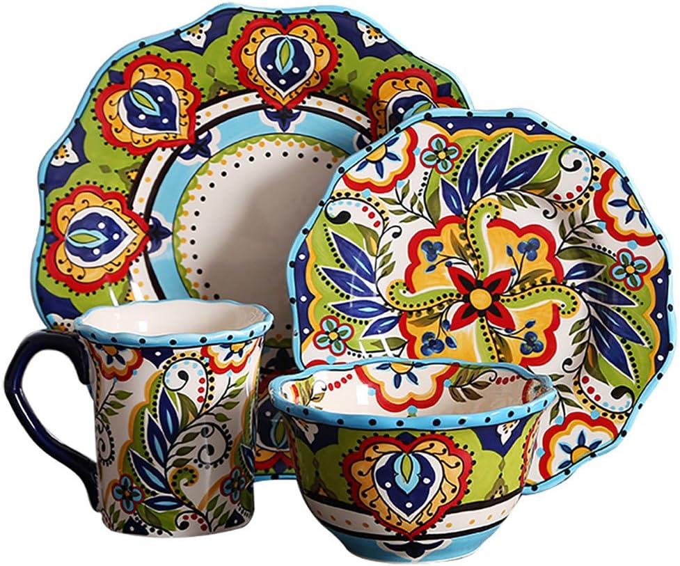 QueenKS Juego de vajilla de 16 piezas mexicana multicolor hecho a mano