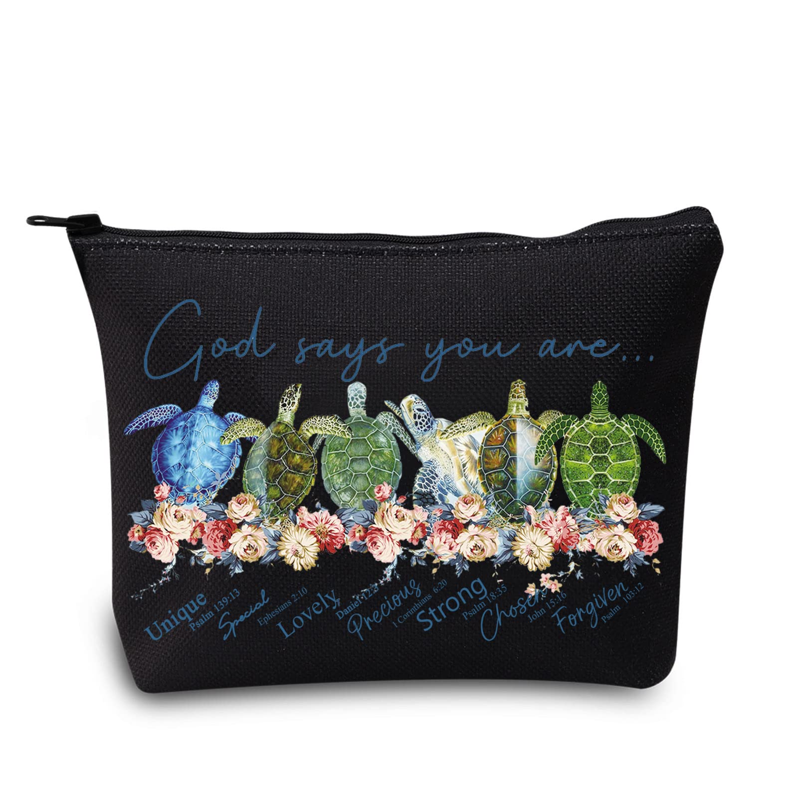 LEVLO Sea Turtle Cosmetic Make Up Bag Turtle Lover Gift God Says You are Unique Special Lovely Chosen Forgiven Makeup Zipper Pouch Bag for Women Girls, God Says Turtle Black, Cosmetic Bag