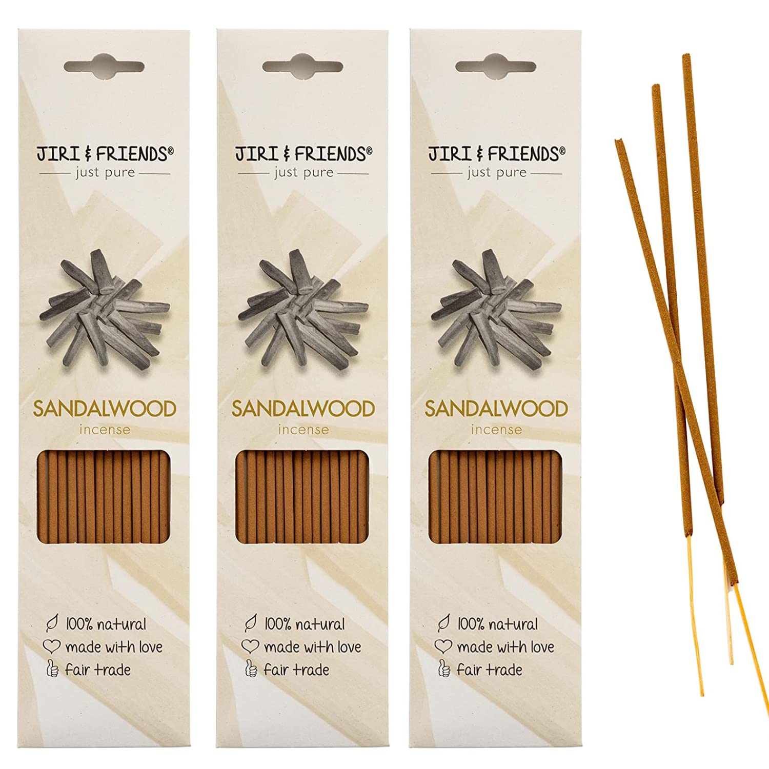 3-Pack Natural incense Sandalwood Jiri & Friends Fair trade 100% natural 15 sticks