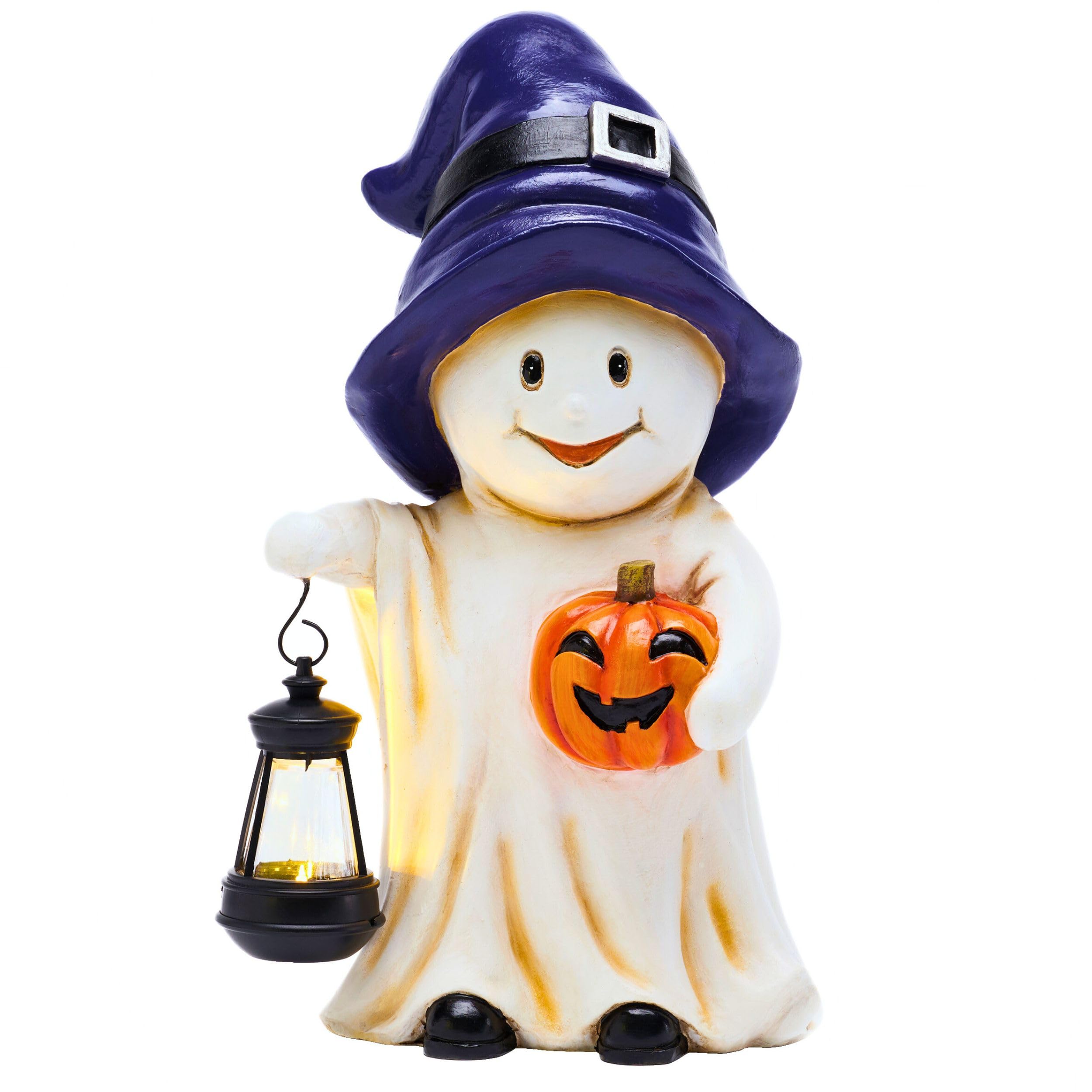 TERESA'S COLLECTIONS Light Up Halloween Ghost Table Decorations, 27CM Resin Solar LED Halloween Decoration for Home, Lovely Lantern Ghost Holding A Pumpkin Garden Decor Gift for Women