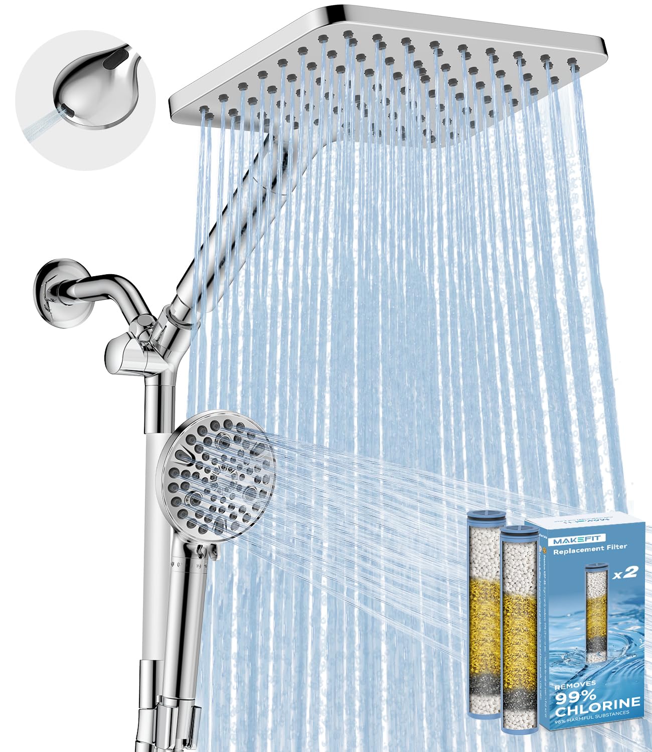 Photo 1 of  Dual Filtered Rain Shower Head Combo, High Pressure Handheld Shower Head with Adjustable Bar - Rainfall Shower Head And Showerhead with Filter for Hard Water - Removes Chlorine