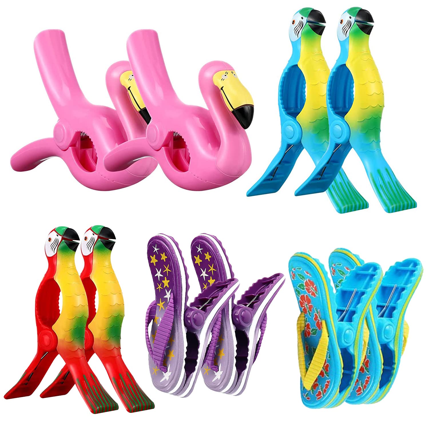 10 Pieces Beach Towel Clips,Strong Beach Chair Towel Clip Holder, Slipper,Flamingo,Parrot Towel Clips Beach Towel Pegs for Sunbeds, Chairs and Sun Clothes Quilt Blanket (Flamingo)