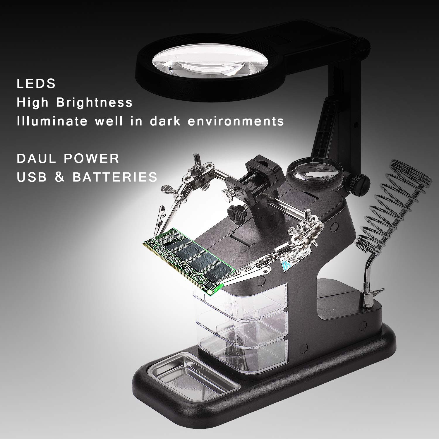 Gocheer lente terza mano lente ingrandimento professionale 3 mano stazione saldatura Stazione di Saldatura con Morsetto e Clip di Metallo a Coccodrillo - Per Assemblaggi, Riparazioni, Modellismo e Elettronica