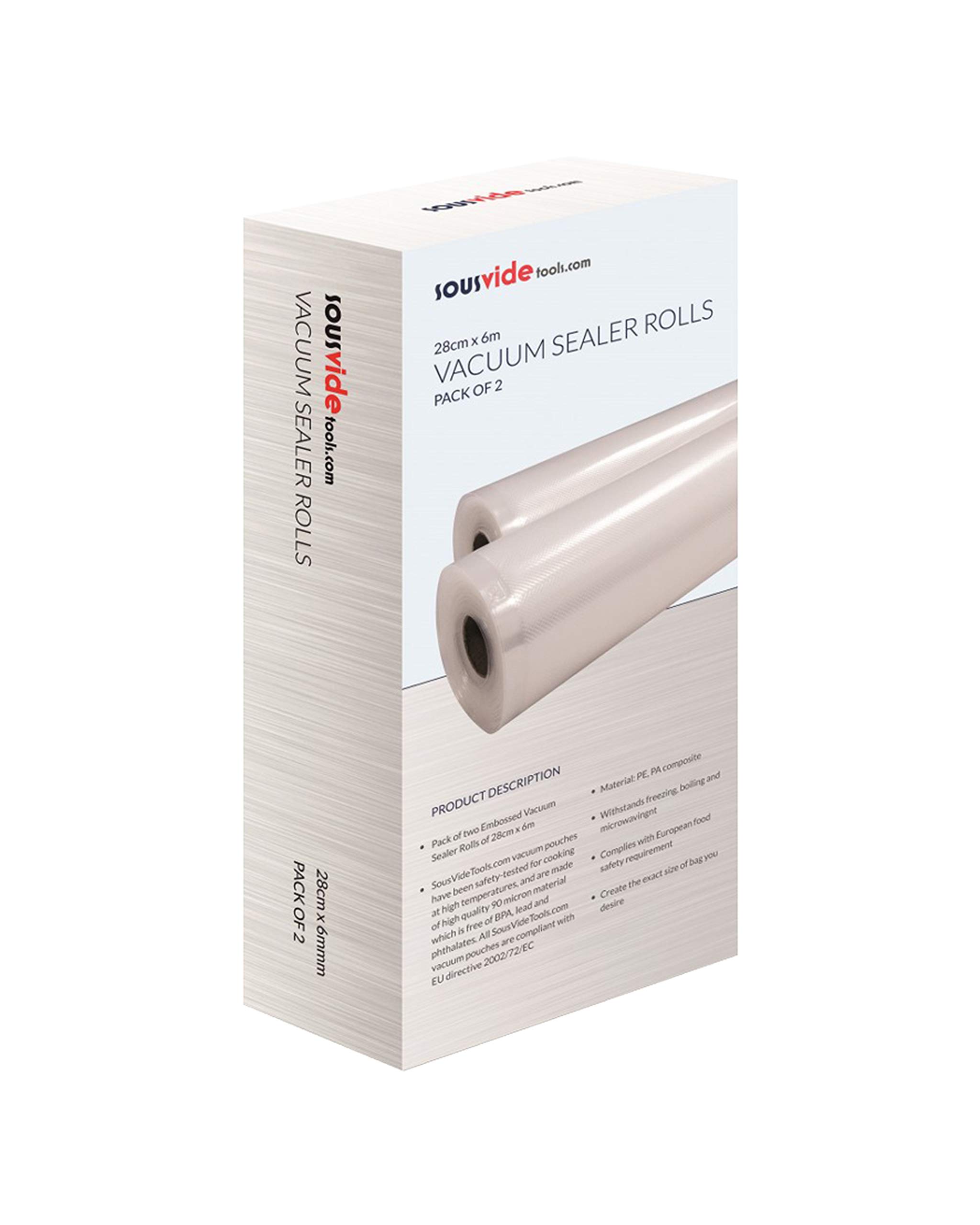 SousVideTools | Vacuum Sealer Rolls Pack of 2 | 28 cm x 6 m | Embossed Plastic Food Storage | Sous Vide Cooking, Boiling, Freezing and Microwaving - Packaging May Vary