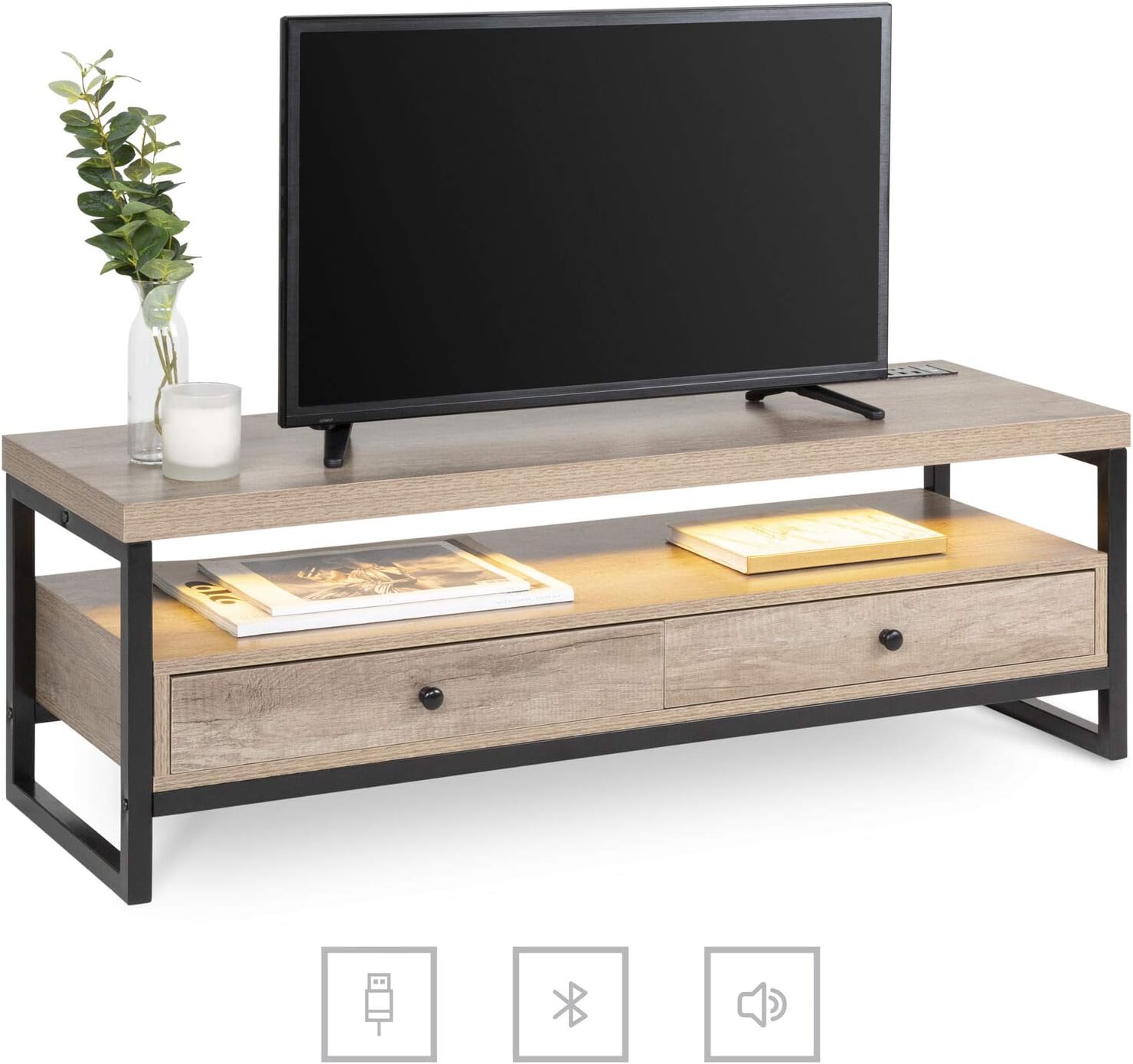 Modern Bluetooth TV Stand Unit Entertainment Media Console Cabinet With Built-In Speakers 3 USB Ports LED Lights Open Shelf Storage Great For Home Living Room Bedroom Use Hold Flat Panel TVs Up To 50"