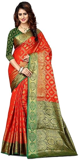 Shoppershopee Kanjivarm Banarasi Silk Saree orange (Set of 2)