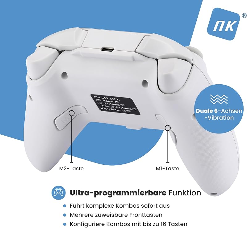 Wireless Bluetooth Controller für PC – Kompatibel mit Switch, Android-Smartphone und iOS, 2 Makrotasten, Duale Vibration, 6 Achsen, LED-Beleuchtung (White)