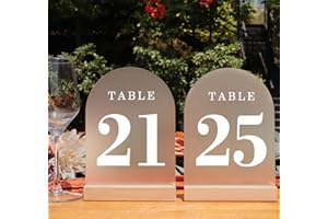 ORGANTEAM Wedding Table Numbers 21-25, Acrylic Arch Signs with Natural Wood Stands Holders, Rustic Table Decor for Reception & Parties (Frosted White)