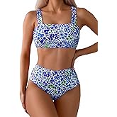 Fanuerg Women's High Waisted Bikini Sets Wide Straps Two Piece Swimsuit Floral Print Bathing Suits