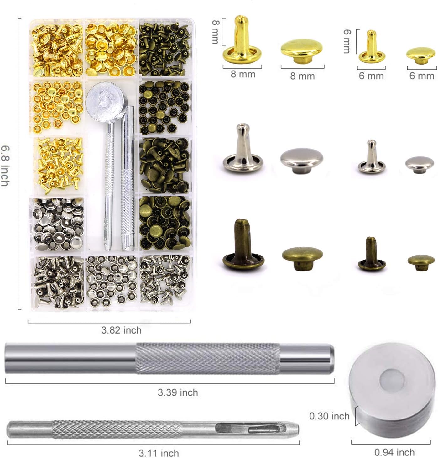 180 Sets Leather Rivets,2 Sizes Double Cap Rivet Tubular