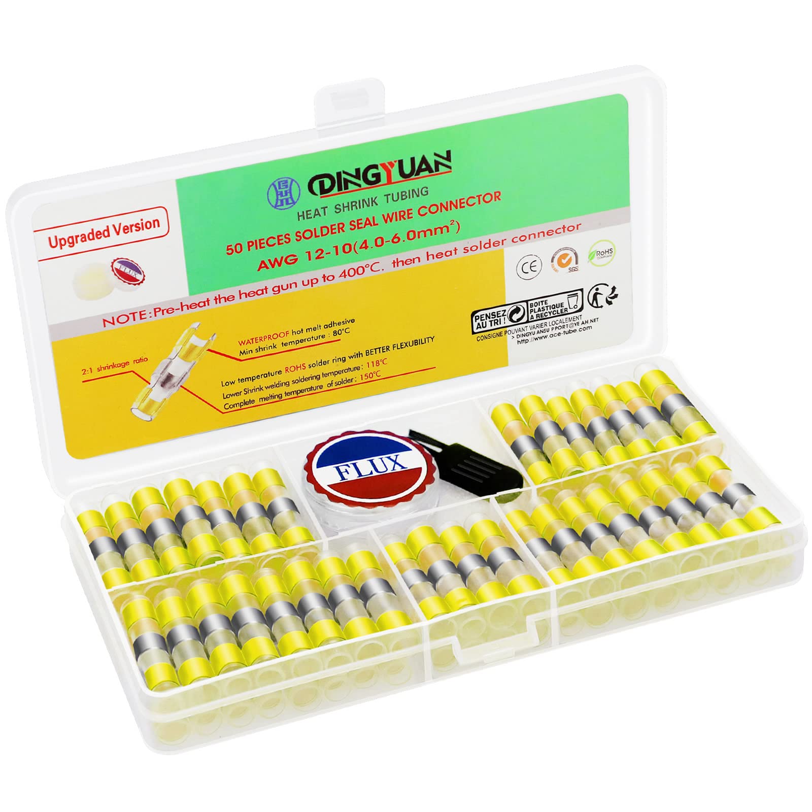 DINGYUAN 50 PCS Solder Seal Wire Connectors with Solder Paste, Low Melting Point Heat Shrink Butt Splice Terminals, Waterproof Electrical Insulated Sleeves (Yellow, 12-10 AWG / 4.0-6.0mm²)