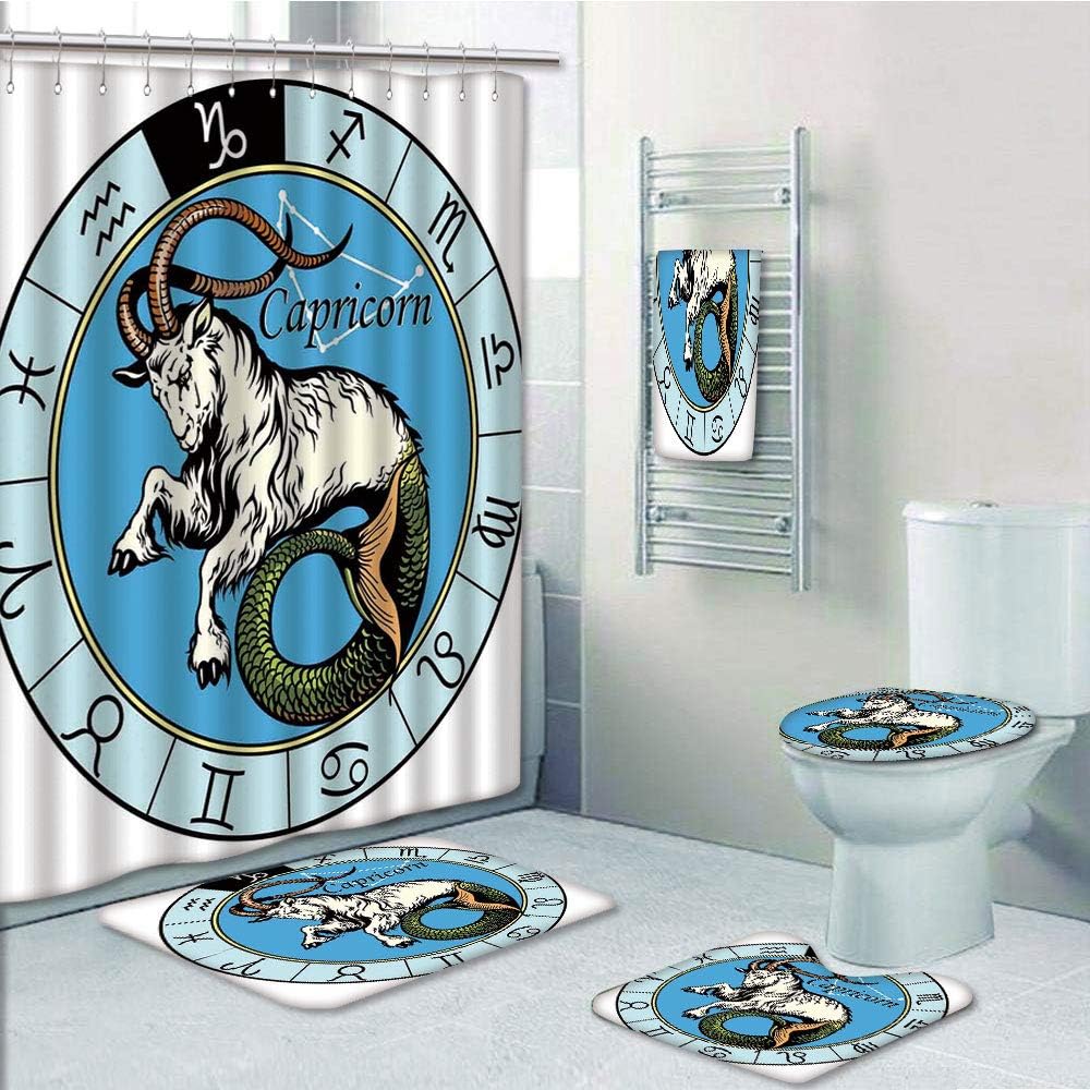 Bathroom 5 Piece Set shower curtain 3d print,Astrology,Ancient Illustration of Capricorn Icon with Signs Mythology Greek Saturn Design Decorative,Multi,Bath Mat,Bathroom Carpet Rug,Non-Slip,Bath Towls