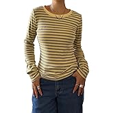 Women Y2k Crew Neck Striped T Shirt Vintage Harajuku Long Sleeve Slim Fitted Tee Top Teen Girl Going Out Fall Clothes
