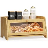JANSNIMEN Double Layer Bread Box for Kitchen Countertop, Large Breadbox Bread Container Storage with Acrylic Door, Wooden Farmhouse Bread Holder (Bamboo, 1 Tier)