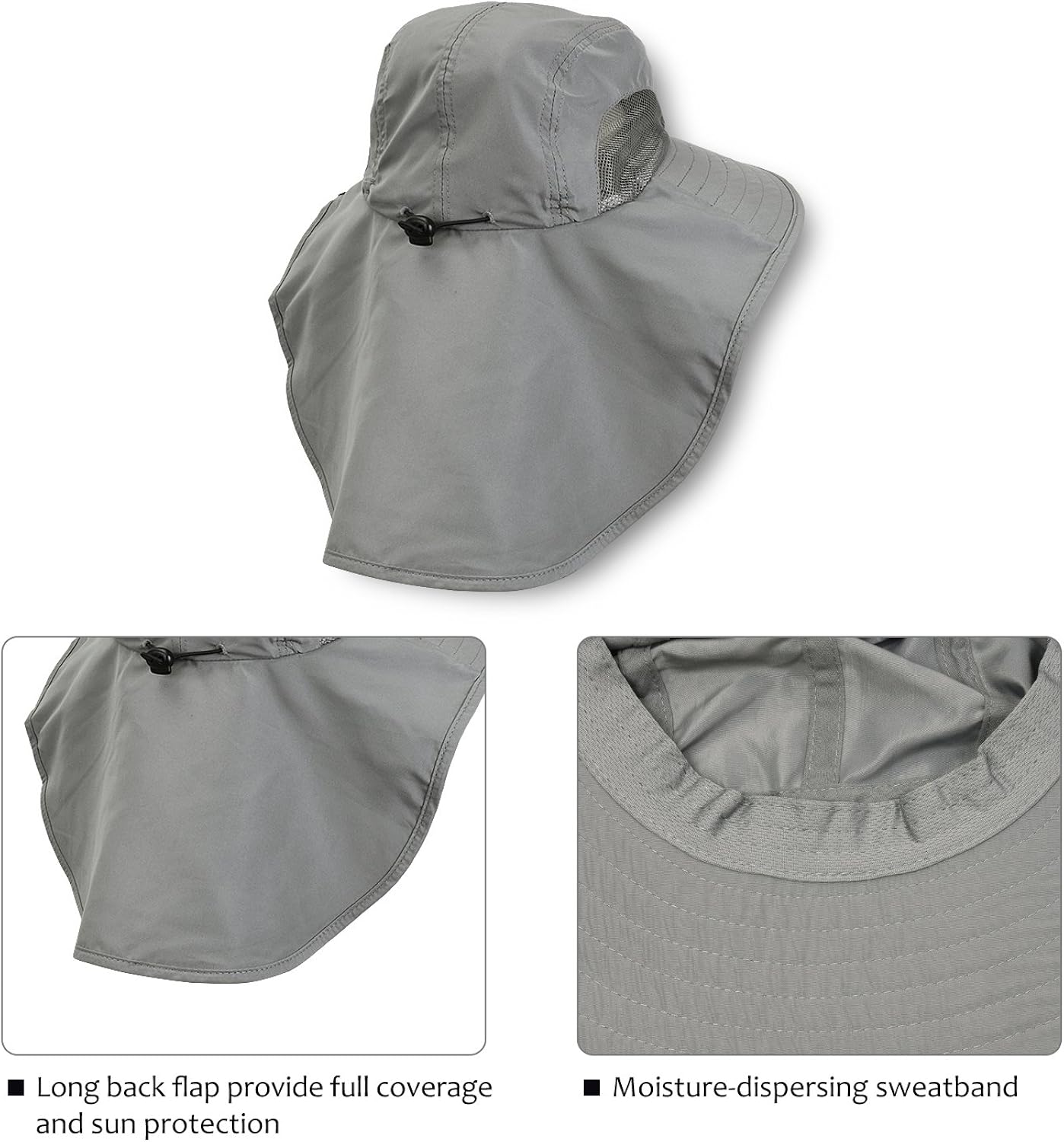 Mens Wide Brim Sun Hat with Neck Flap Fishing Safari Cap for Outdoor Hiking Camping Gardening Lawn Field Work, Grey: Clothing