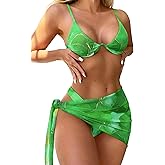 ZAFUL Women's 3 Piece Swimsuits Underwire Bikini Set Ribbed Bathing Suit Cover Up Mesh Sarong Wrap Coverups