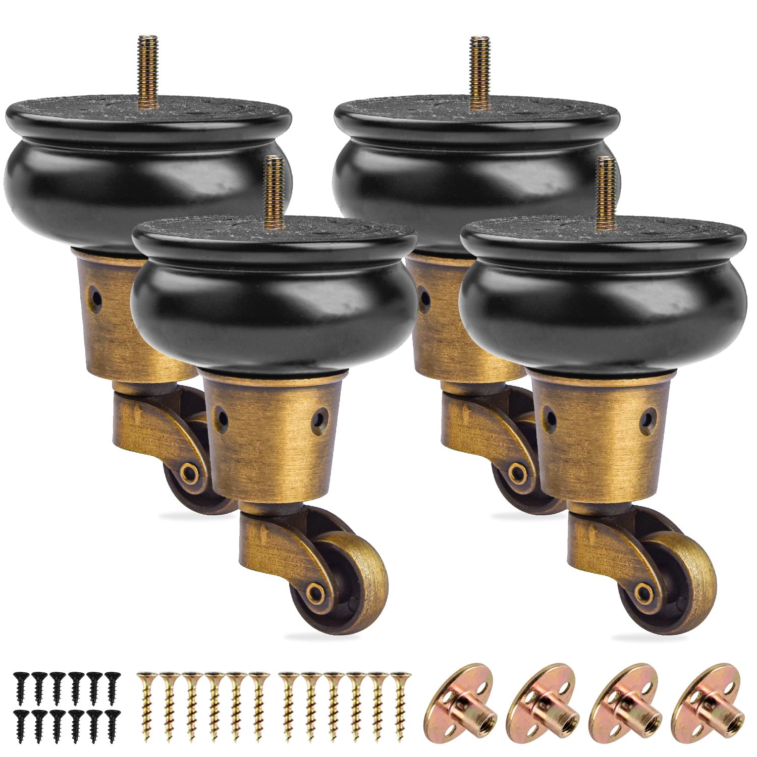 4 Inch /10cm Furniture Legs with Castors, 4Pcs Black Solid Wood Feet Round Gourd Wooden Turned Replacement Feet with Threaded M8 Hanger Bolts & Mounting Plate & Screws For Chair,Recliner,Ottoman,