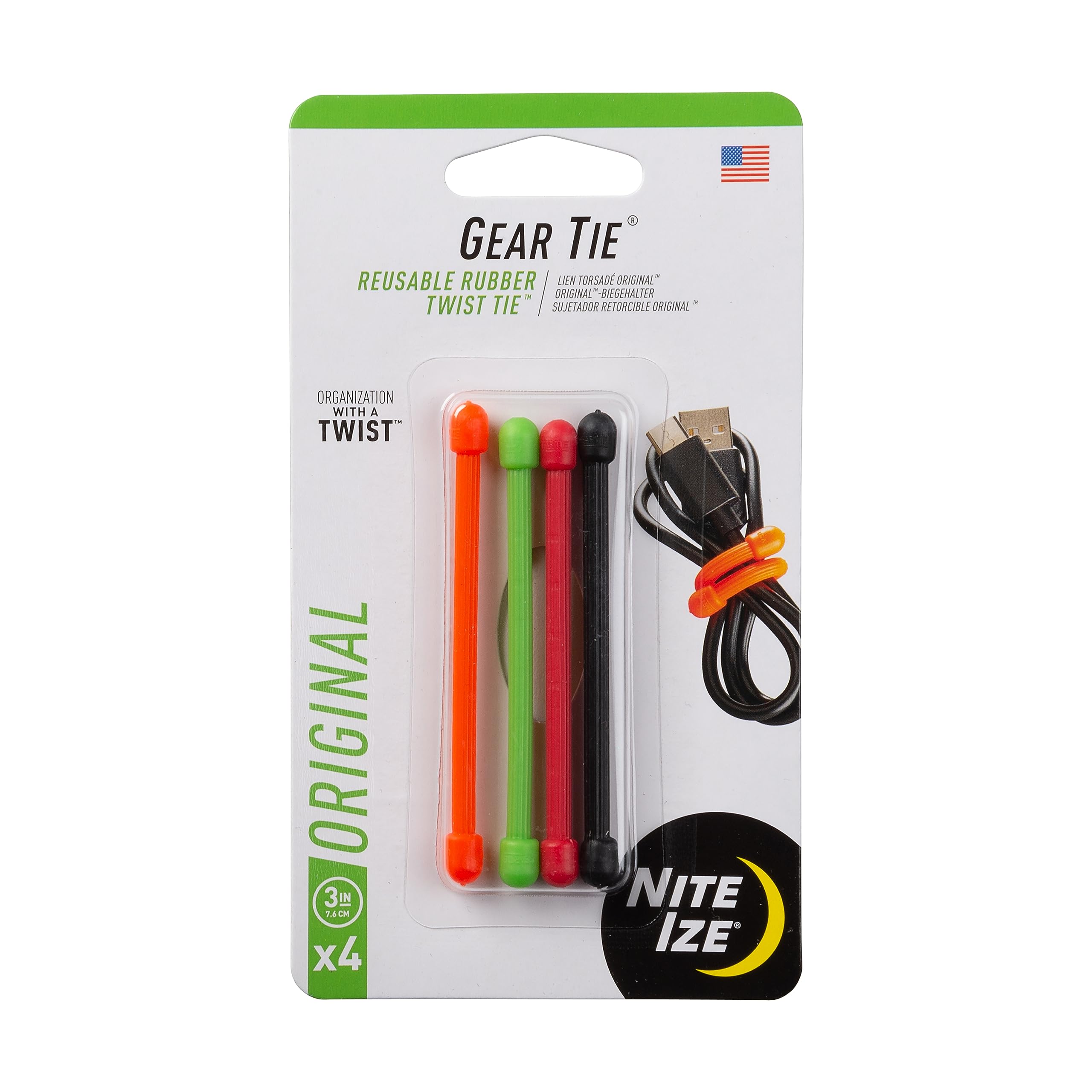 Nite Ize GT3-4PK-A1 Original Gear, Reusable Rubber Twist Tie, Made in The USA, 3-Inch, Colors May Vary, 3"-4-Pack — image 1