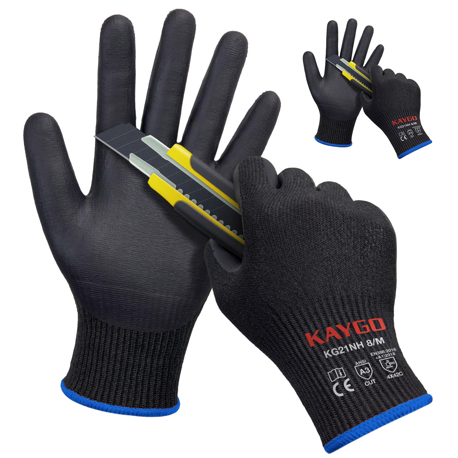 KAYGO Cut Resistant Work Gloves - 2 Pairs, Level C Protection, MicroFoam Nitrile Coated Good Grip Machine Washable, Cut Proof Safety Gloves EN388 4X42C, Ideal for Construction DIY, KG21N (Black, M)