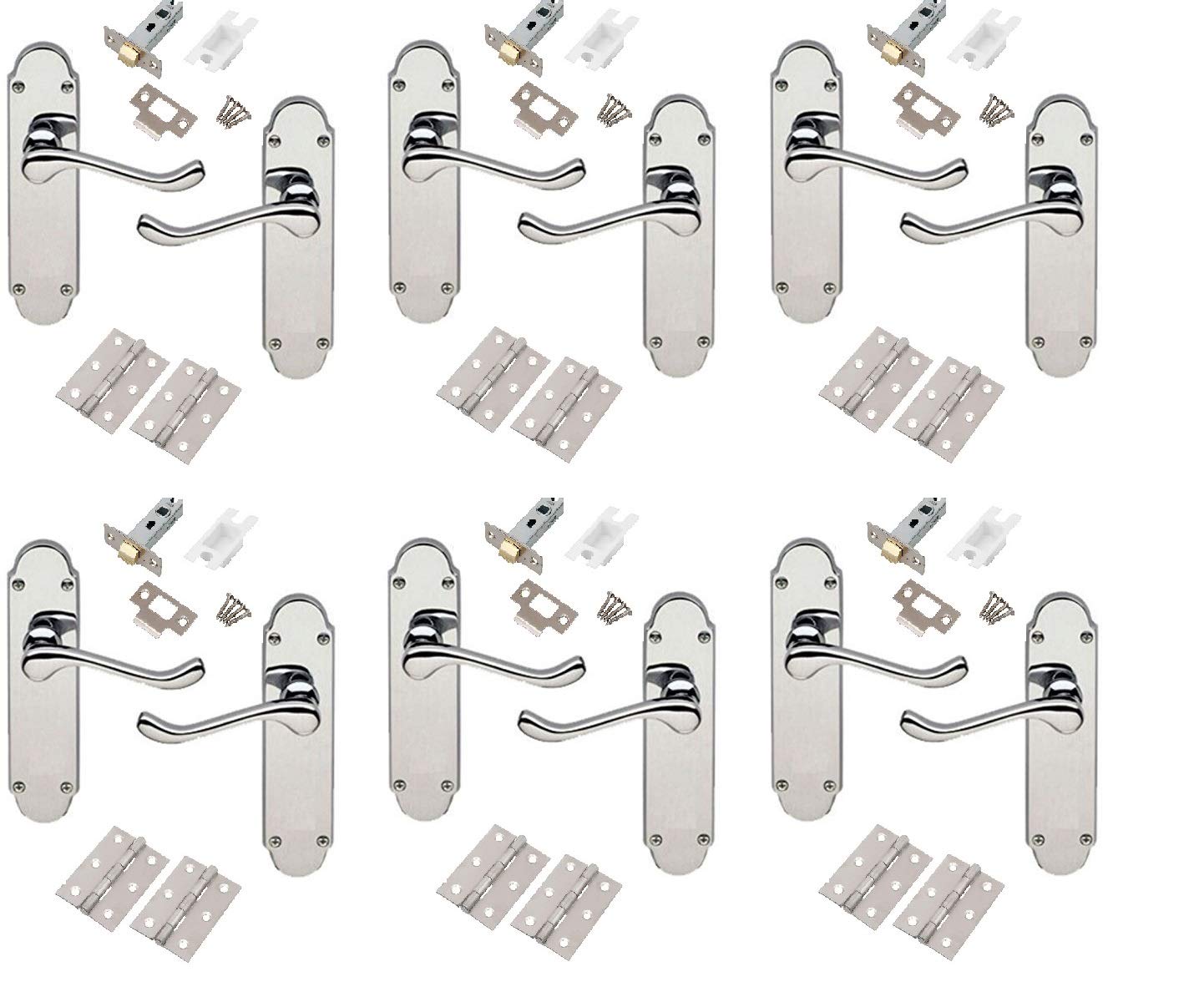 Golden Grace Epsom Design Victorian Scroll Door Handles Lever on Shaped Backplate - Latch Door Pack with Hinges & Latch - Polished Chrome, 6 Sets