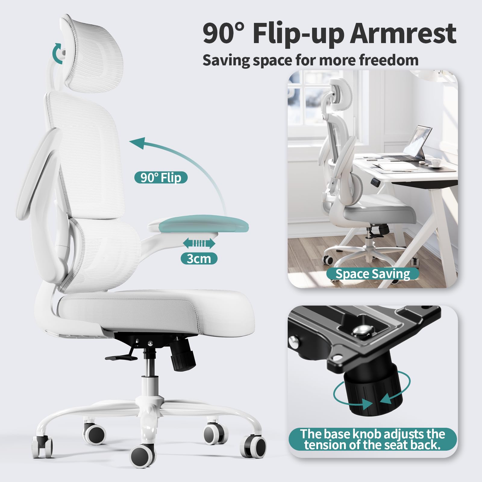 TRALT Silla de Oficina Silla de Escritorio Ergonómica, 330 LBS Sillas de Escritorio de Oficina de Malla para el Hogar con Ruedas, Cómoda Silla para Juegos, Silla de Oficina con Respaldo Alto para Largas Horas (Blanco)